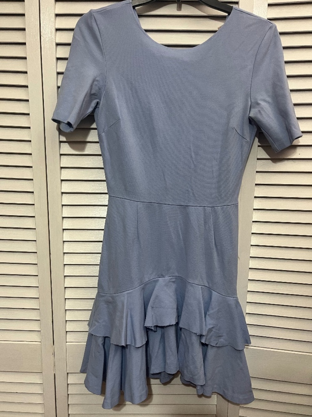 Dusty Blue Short Sleeve Dress with Tiered Ruffle Hem Fit & Flare